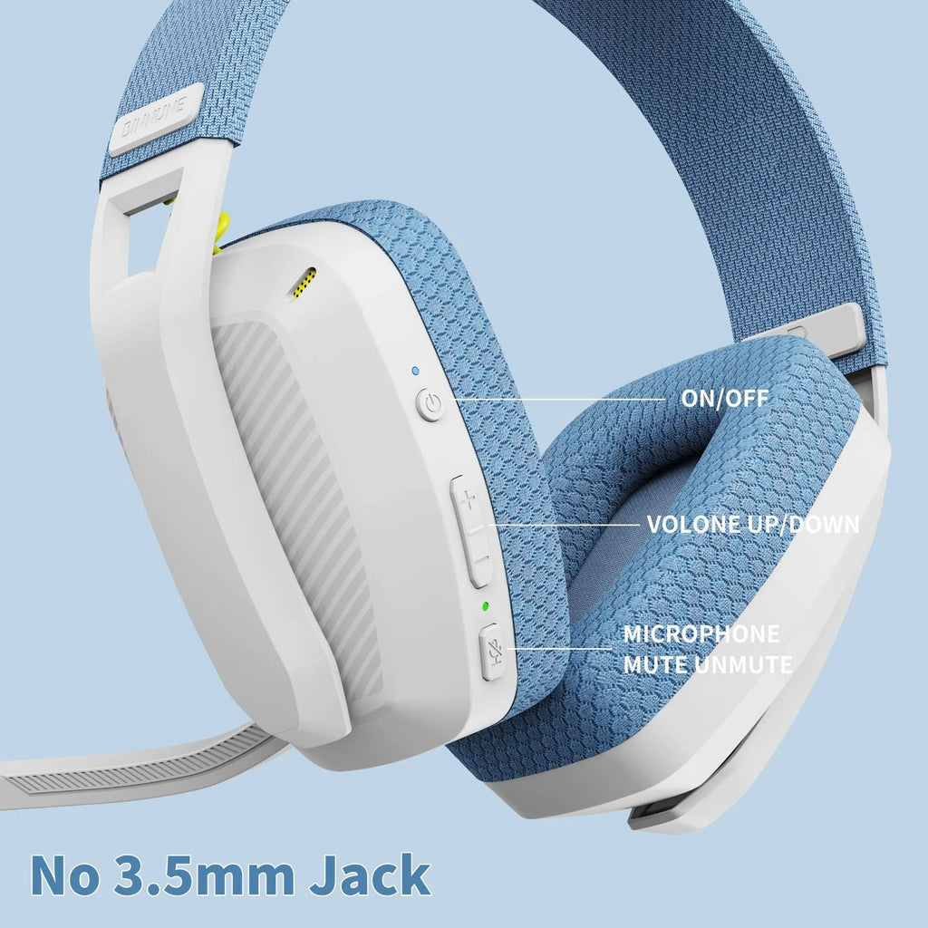 Bluetooth 5.3 and 2.4G dual-mode head-mounted headset with mesh earmuffs and microphone, shown in black.