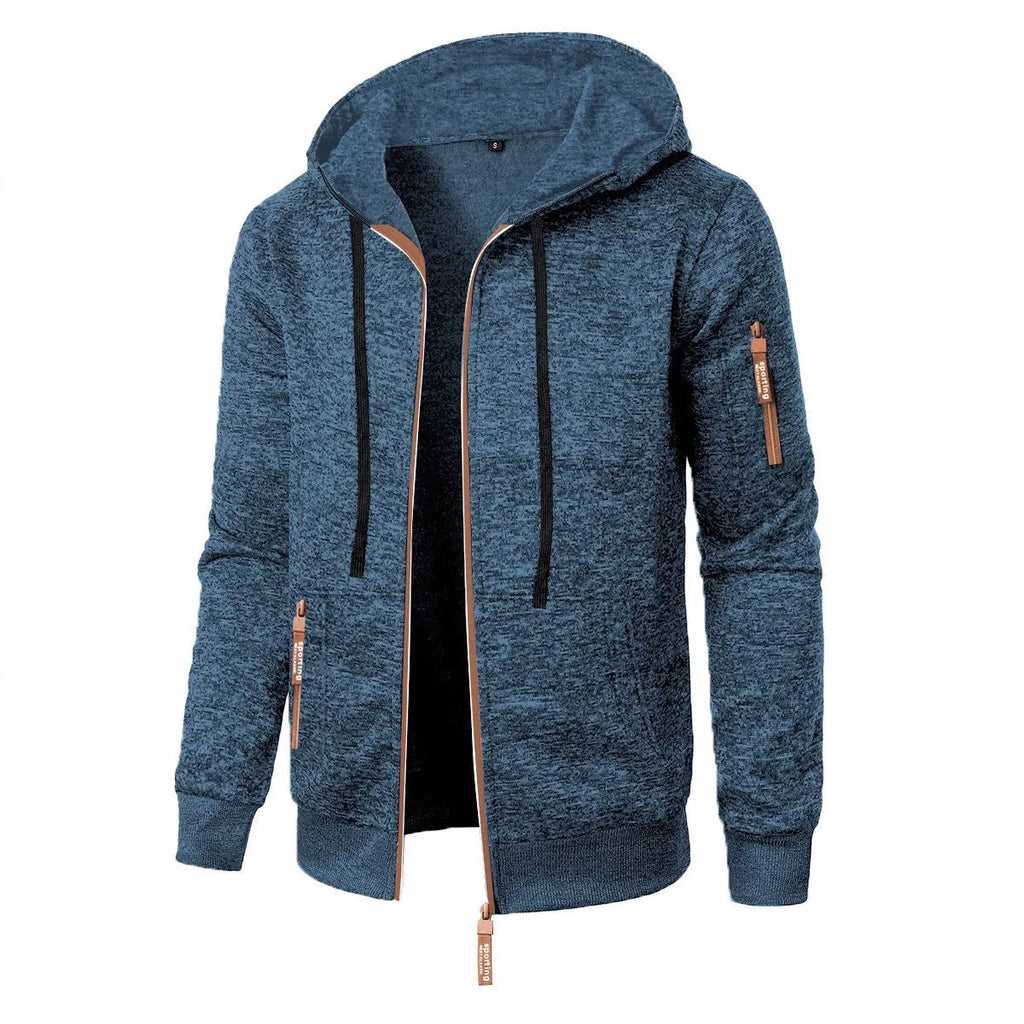 Men's hooded jacquard cardigan coat in black, dark gray, dark blue or denim blue, sizes S to 3XL
