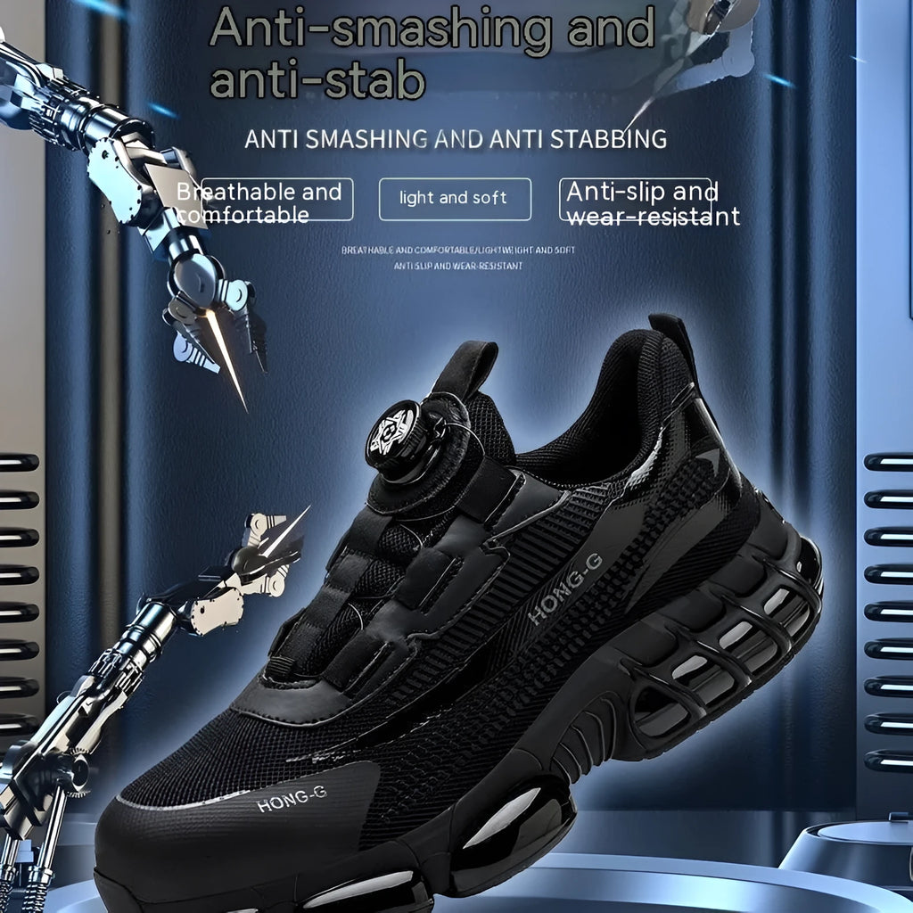 Lightweight black Flyknit safety work shoes with steel toe cap and lace-up front.