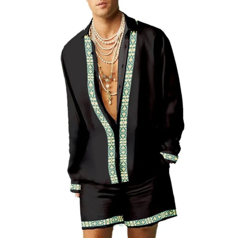 Men's slim-fit polyester long-sleeved shirt and matching shorts set on a hanger.