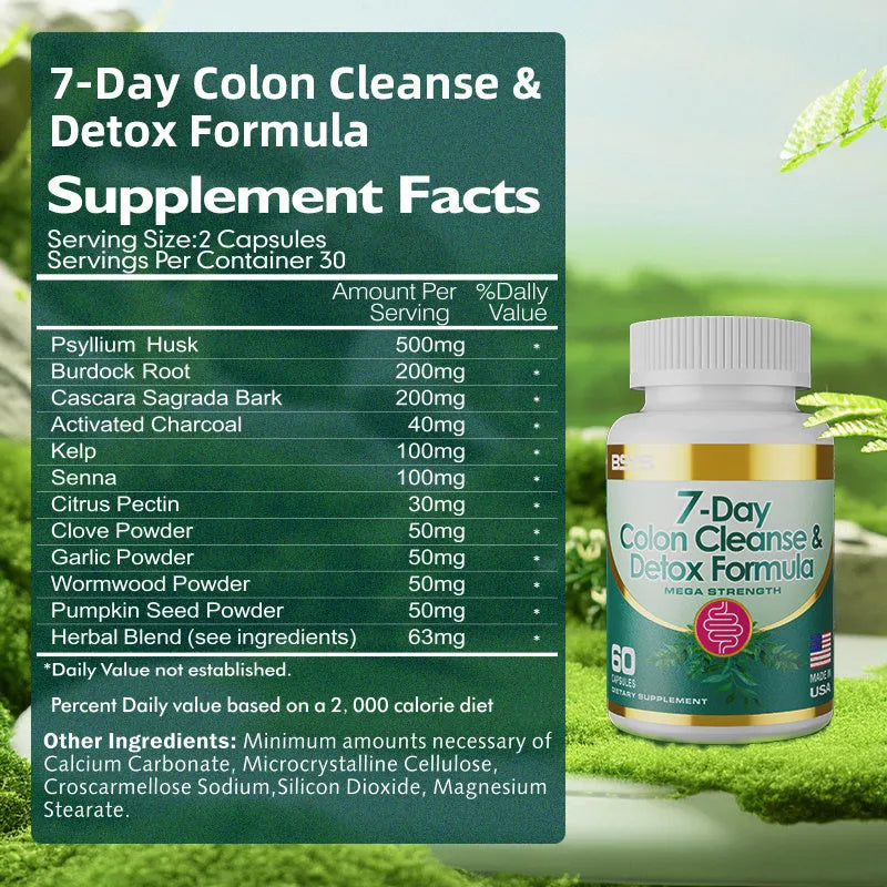 Bottle of 7-Day Colon Cleanse & Detox Formula capsules, dietary supplement for a 7-day cleansing routine