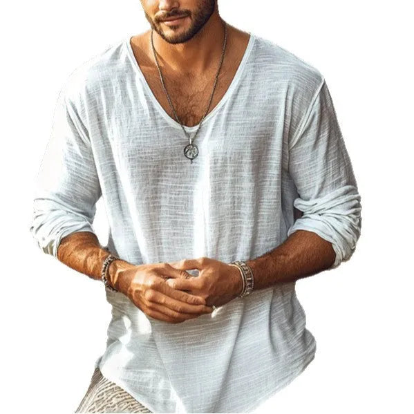 Men's beige slim fit V-neck long sleeve t-shirt made from hemp blend fabric on a hanger.