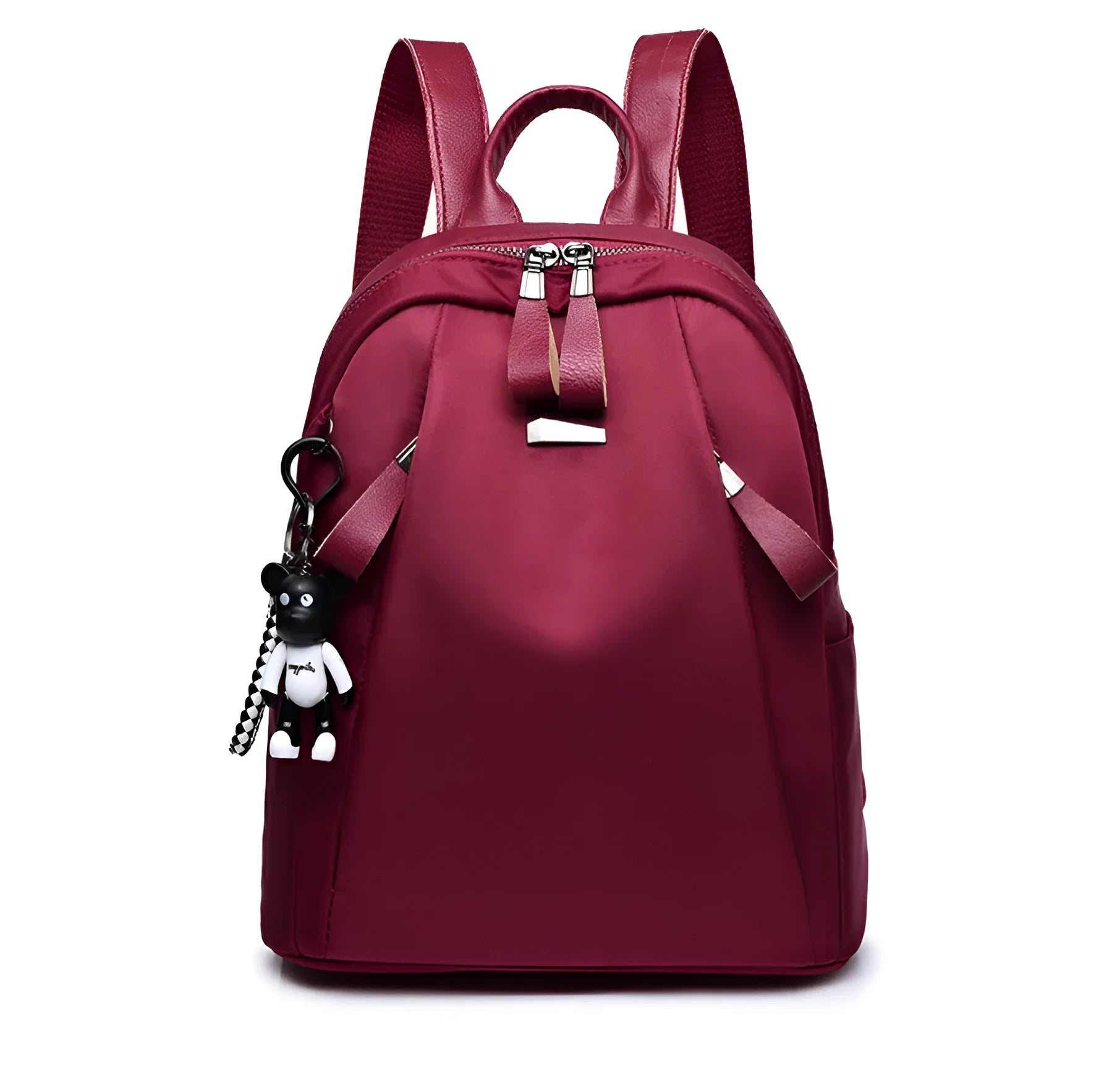Medium wine red Oxford cloth rucksack showing internal phone and ID compartments