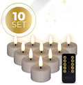 Four taupe-coloured S10 3D Flame LED tealight candles with flickering orange light.