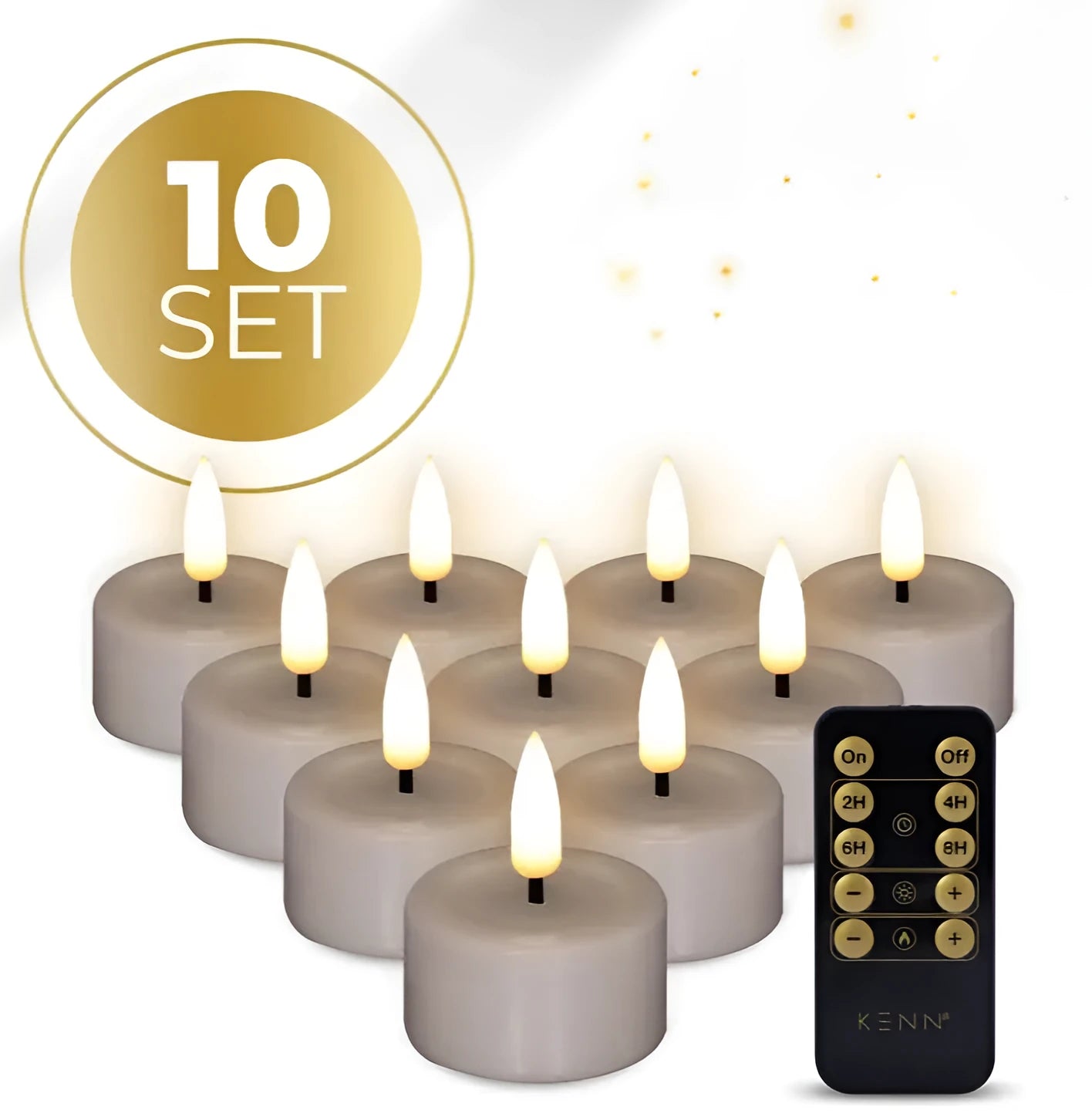 Four taupe-coloured S10 3D Flame LED tealight candles with flickering orange light.