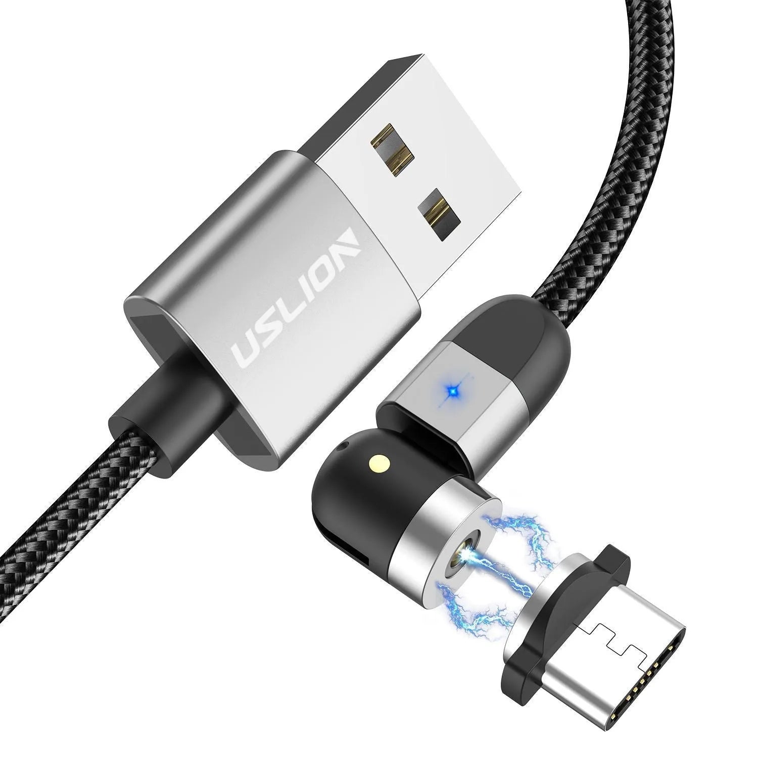 540° magnetic three-in-one data cable with aluminium alloy connector, TPE jacket, and LED indicator light on a table next to a smartphone