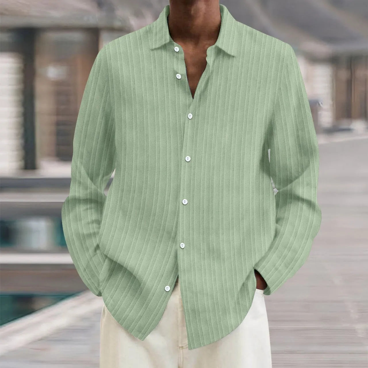 Men's striped British style cardigan shirt with long sleeves in polyester blend fabric