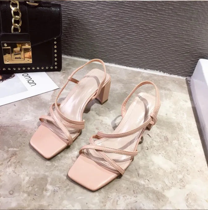 Women's thick heel sandals with super high 8cm block heel and one word strap in apricot colour
