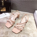 Women's thick heel sandals with super high 8cm block heel and one word strap in apricot colour