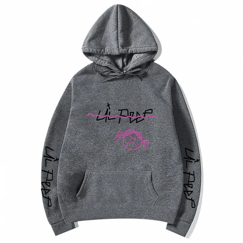 Lil Peep hoodie in beige with white word printing and three-dimensional patch pocket, plus-velvet lining inside