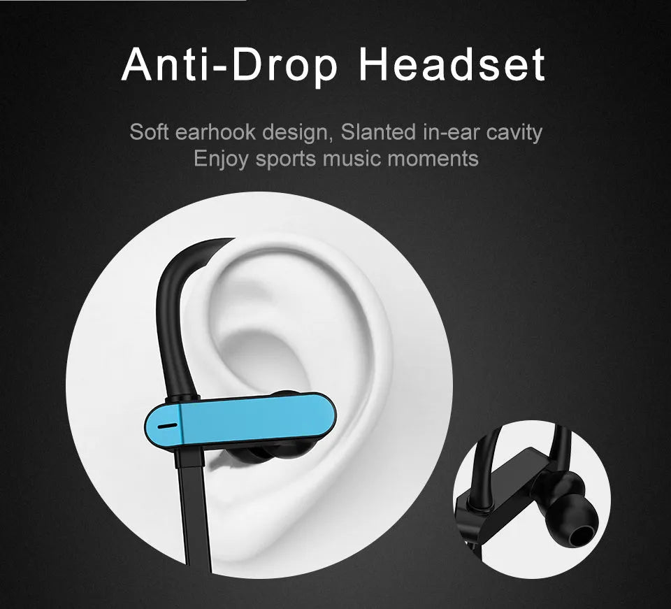 Sport ear hook headphones with microphone in black blue colour, showing the flexible ear hook and silicone earbud design.