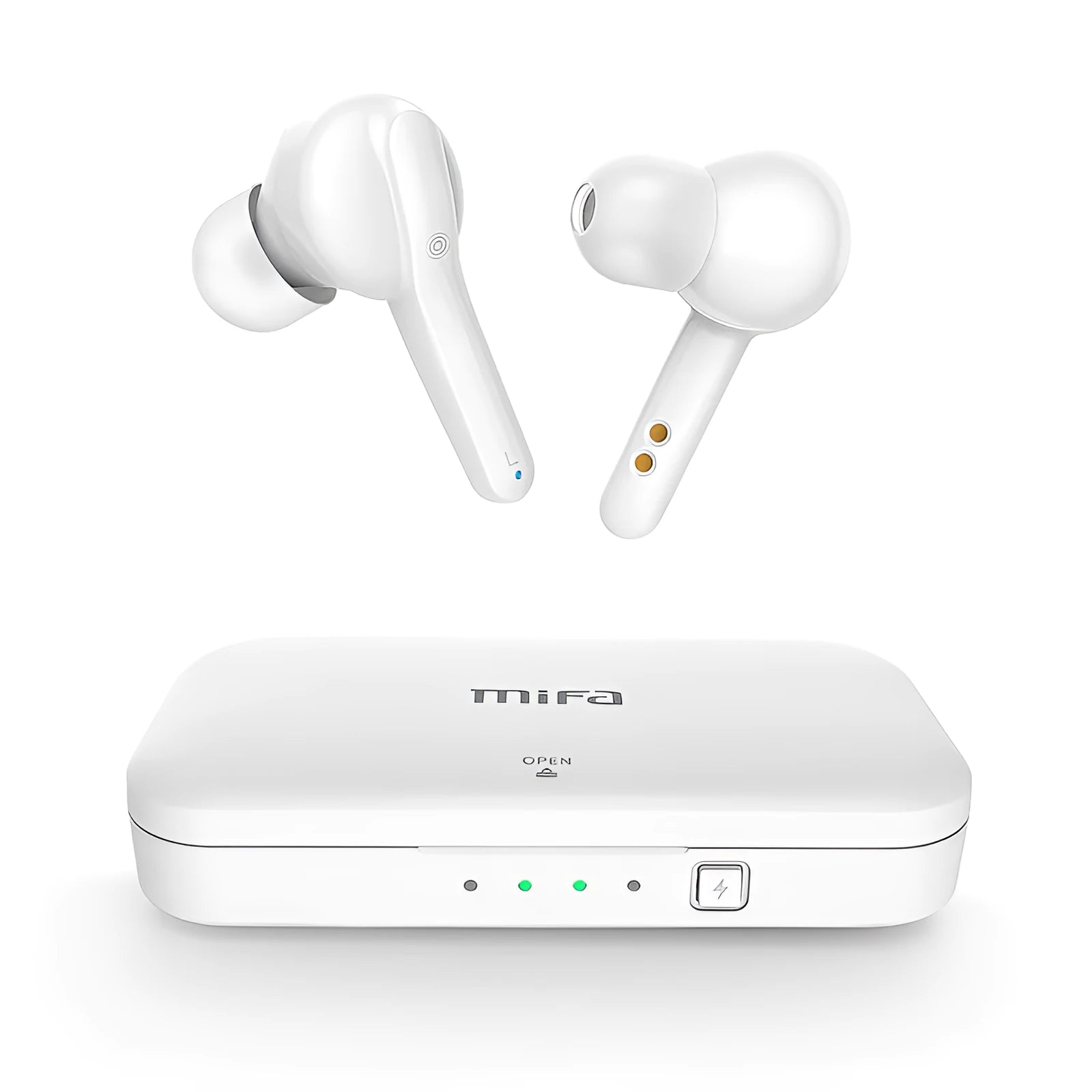 Black and white true wireless earbuds with charging case, showing discreet in-ear design for sports and daily use.