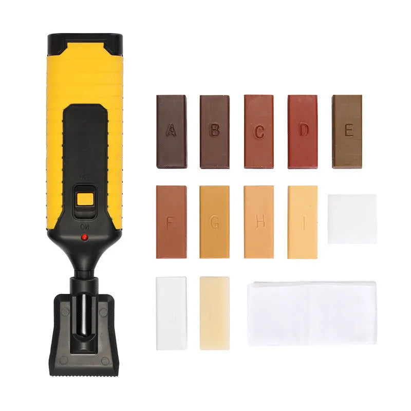 DIY floor and furniture repair kit with red handle and coloured wax sticks on a tile surface.