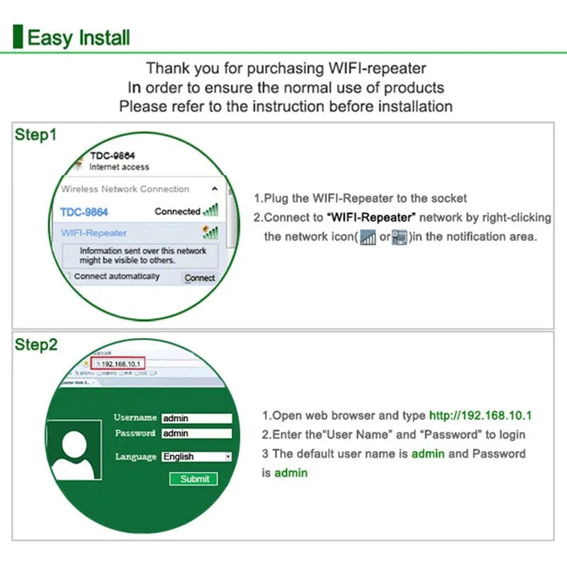 White and black WiFi repeater, 75x90mm, with 2dBi antennas and 300Mbps 2.4GHz WLAN signal amplifier