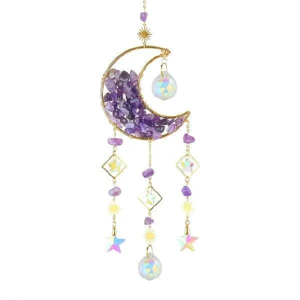 K9 crystal moon car pendant hanging on a metal chain, shown in a blue colour option.
