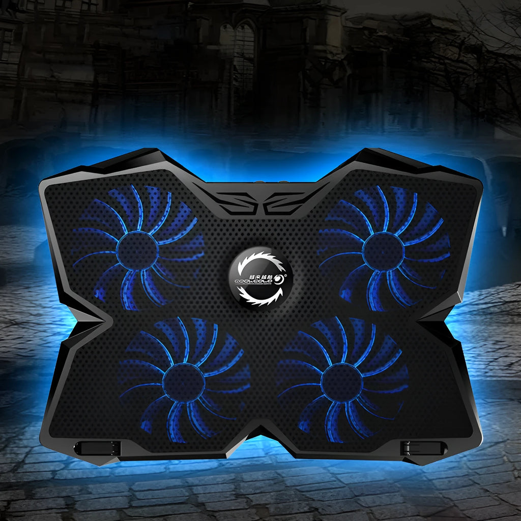 Blue computer cooling base with four cooling fans and two USB ports on front panel
