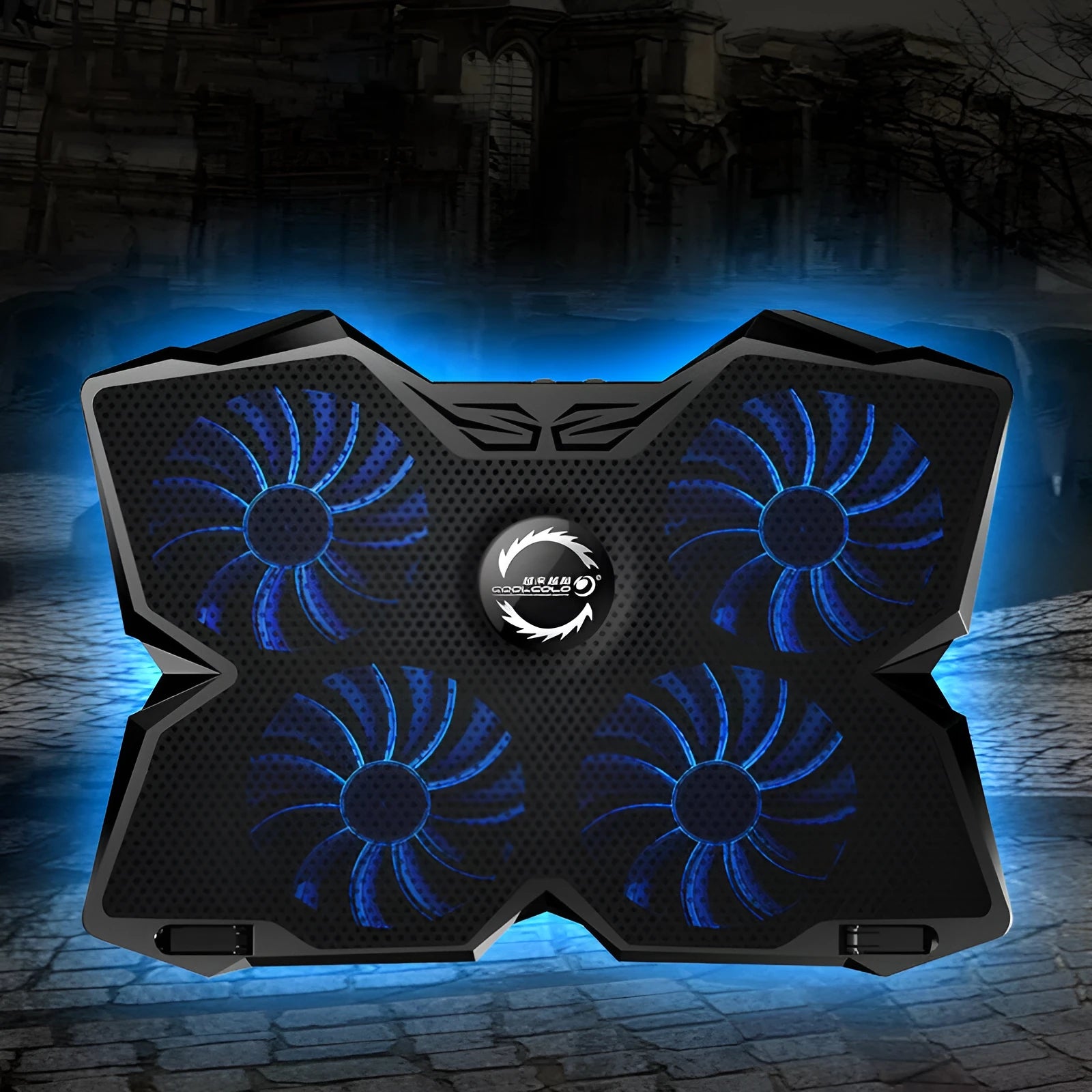 Blue computer cooling base with four cooling fans and two USB ports on front panel