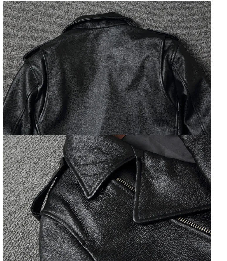 Harley's cowhide leather motorcycle jacket for men, black, short length, skinny fit, with lapel collar and zipper front