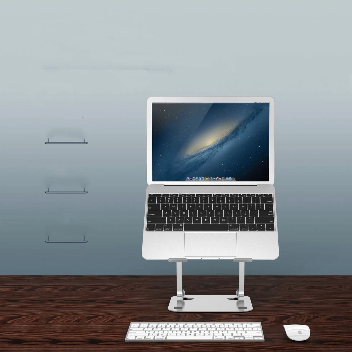 Silver aluminium alloy folding laptop stand for notebooks and ultrabooks with air cooling, 260 x 223 x 30 mm