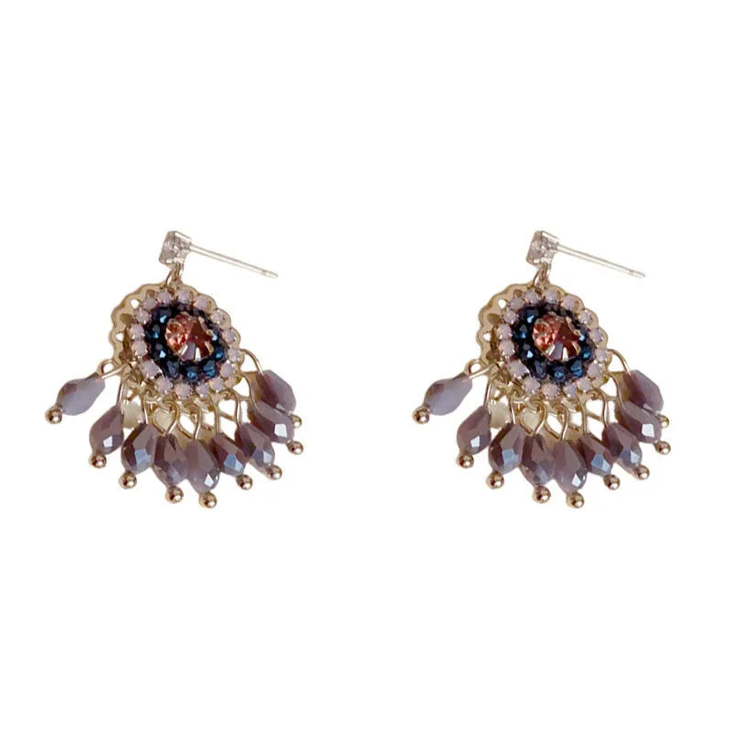 Diamond embedded round crystal tassel earrings thick gold plated copper geometric style