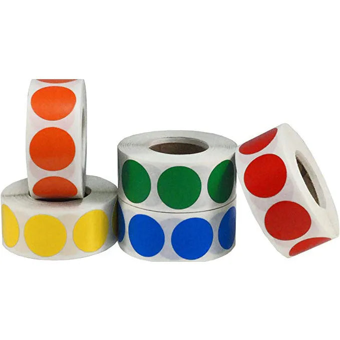 Roll of 500 chroma label colour code stickers, 2.5cm each, in ten colours with permanent glue