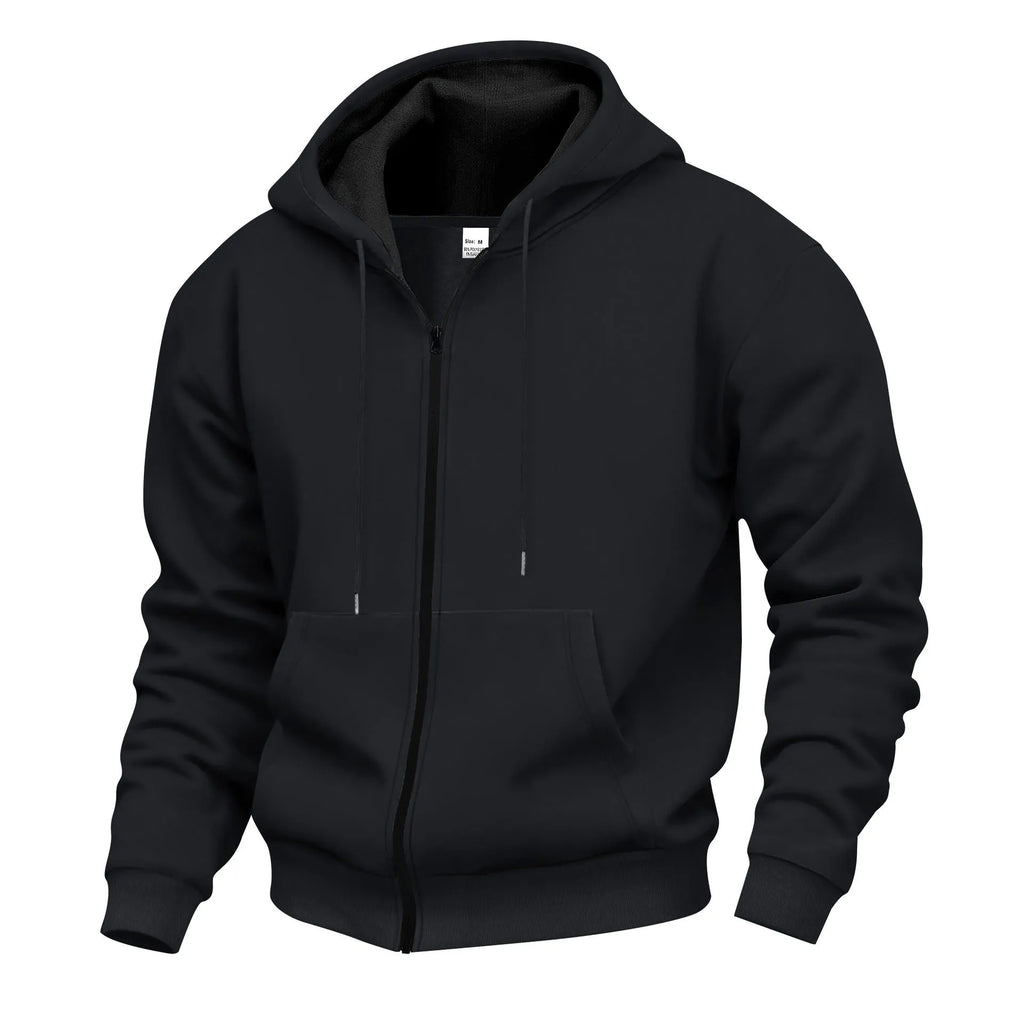 Men's velvet hooded zipper casual sweatshirt in light gray with wool lining and long sleeves