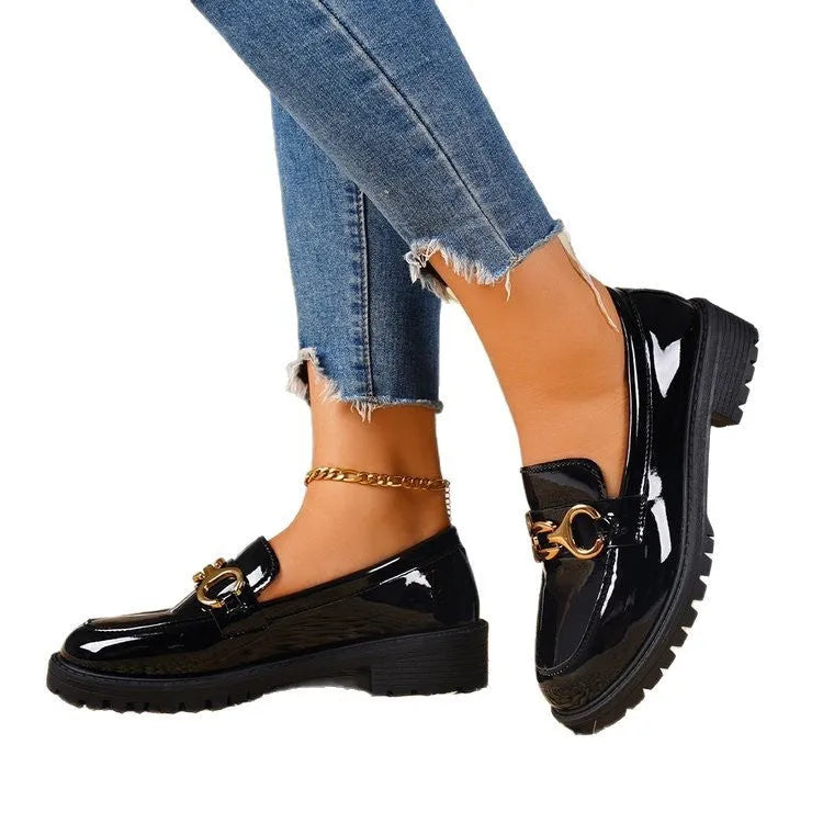 Chunky heel round toe pumps women's thick sole shoes black colour PU upper rubber sole