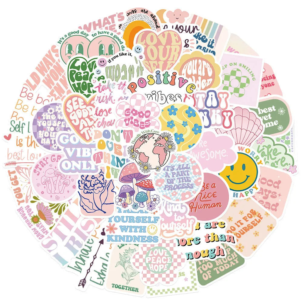 Danish pink motivational statement stickers with graffiti cartoon designs sized 4-6cm
