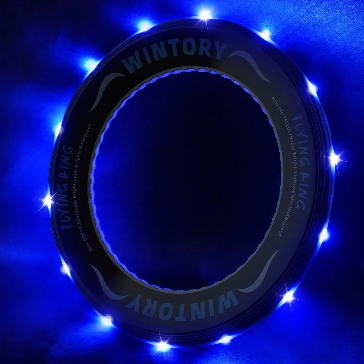 Blue LED ring flying disc toy with hollow centre, ABS plastic body, and battery-powered flash function for hand throwing.