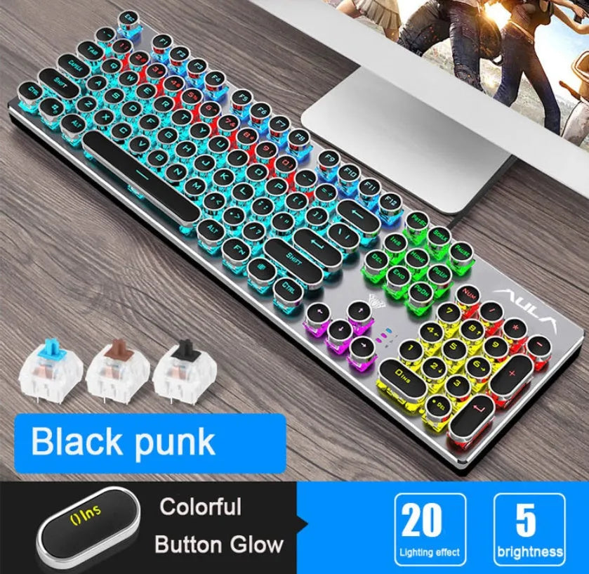 Steampunk gaming mechanical keyboard with metal panel, electroplated keycaps, wired USB cable, black blue colour