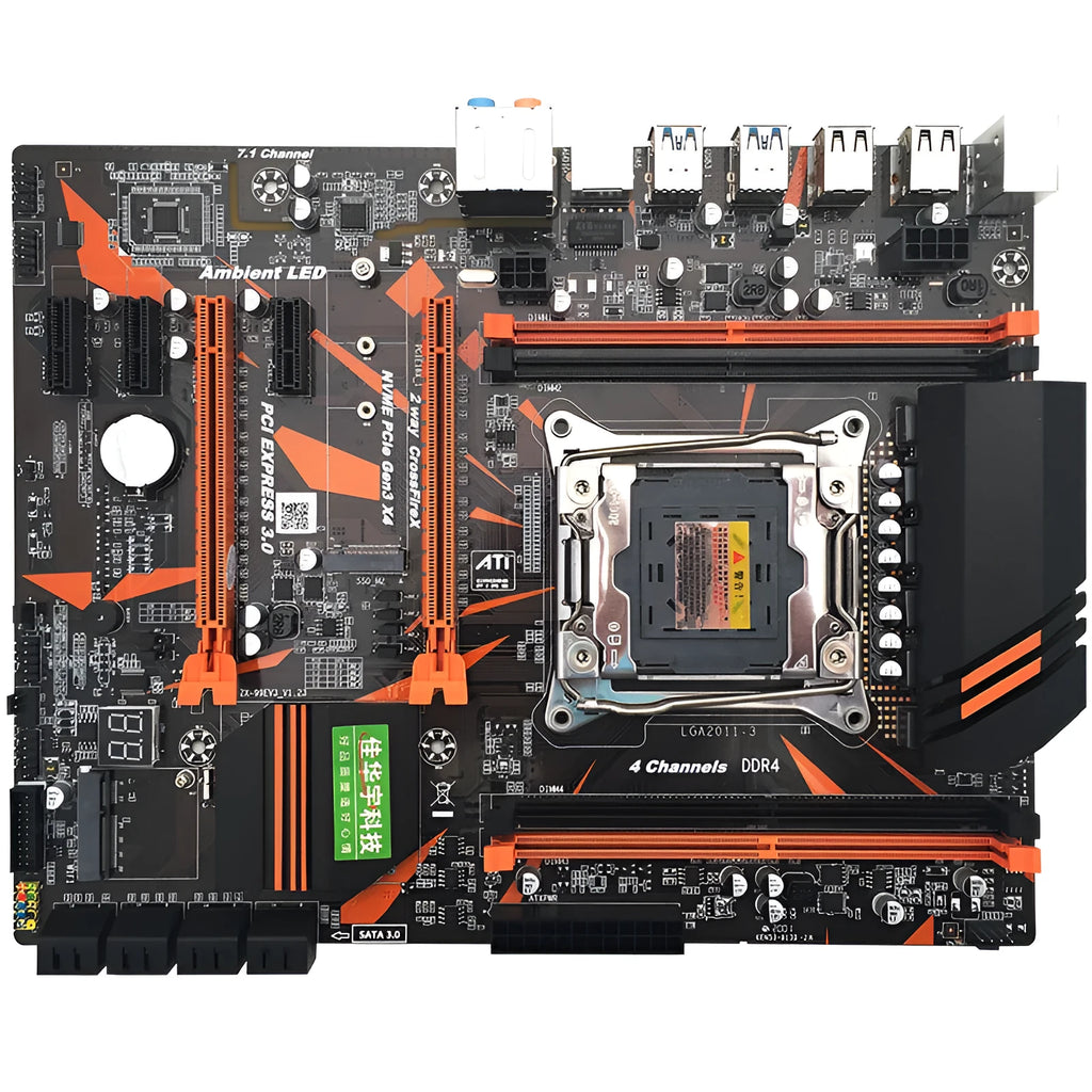 Black X99 series desktop motherboard with LGA2011-3 CPU socket, four DDR4 slots, and PCIe expansion slots