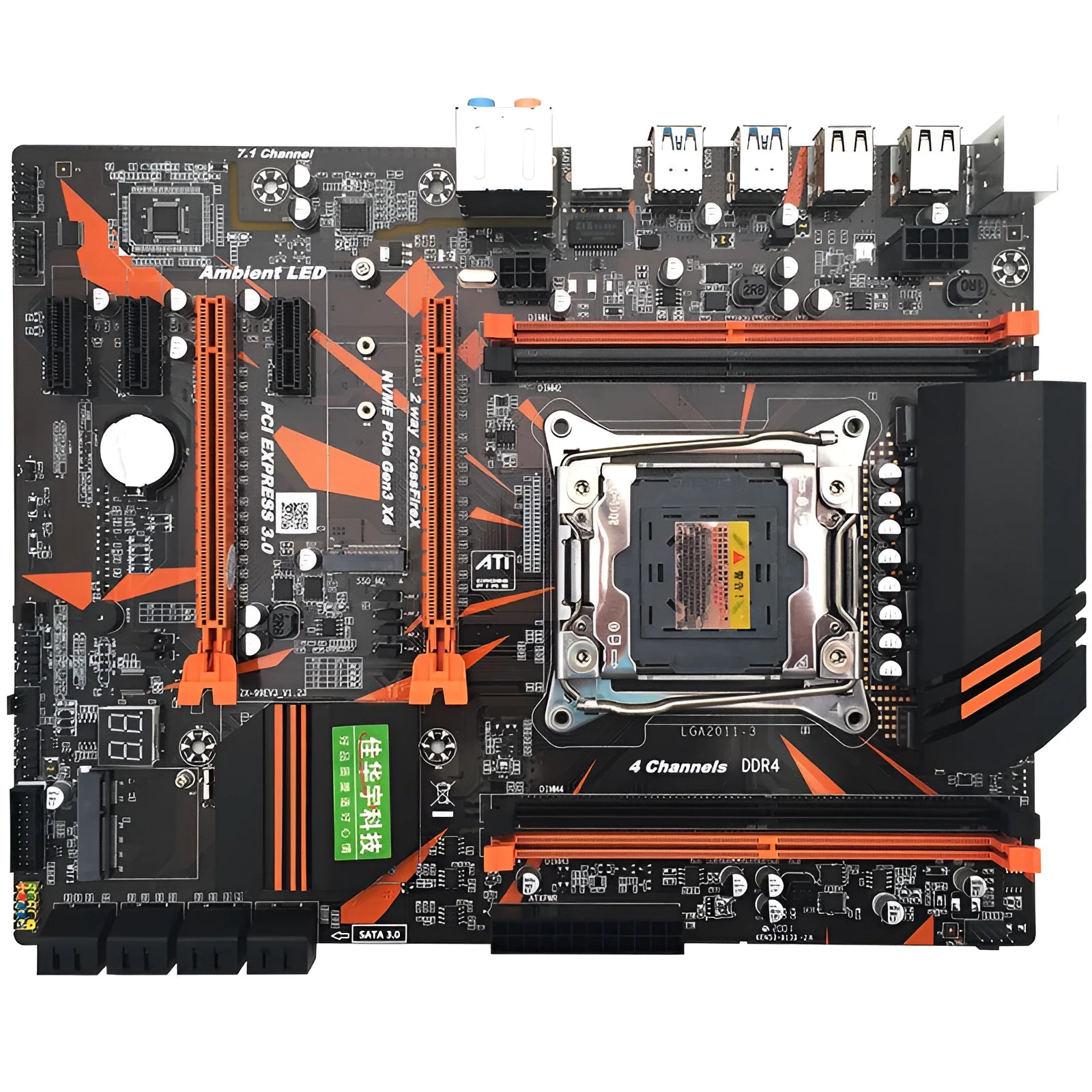 Black X99 series desktop motherboard with LGA2011-3 CPU socket, four DDR4 slots, and PCIe expansion slots