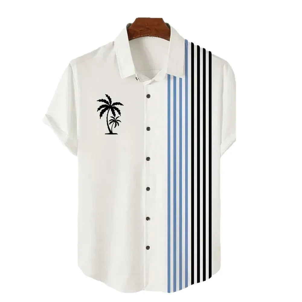 Hawaiian men's short-sleeved shirt with 3D printed colour pattern on polyester fabric