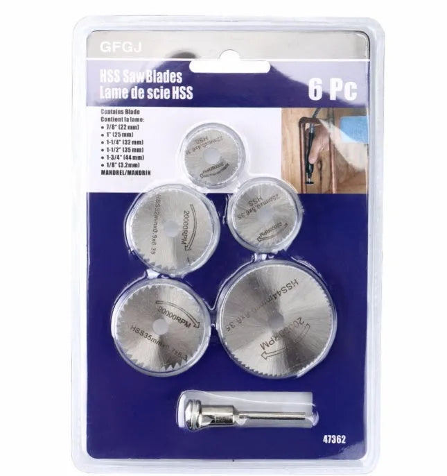 Six or seven high-speed steel circular saw blades and a mandrel on a grey background.