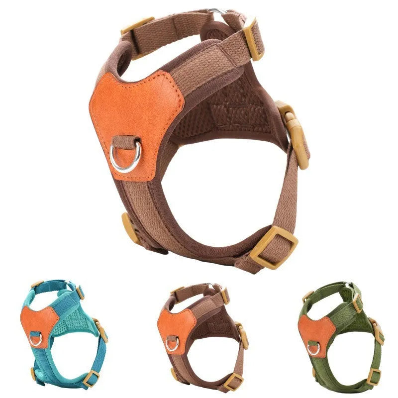 Retro dog hand holding rope pet harness chest strap in polyester, available in brown, green, and blue