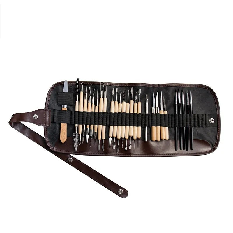 27-piece pottery clay tool set with stainless steel loops and wooden handles in a clear OPP bag.