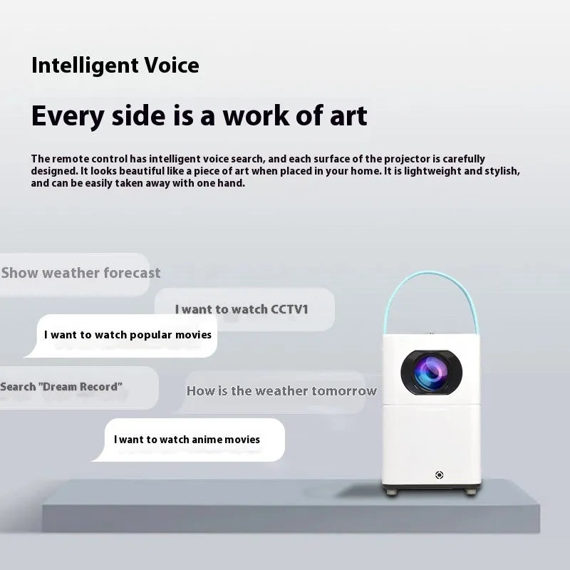 Smart HD projector with Android voice control and remote on wooden surface