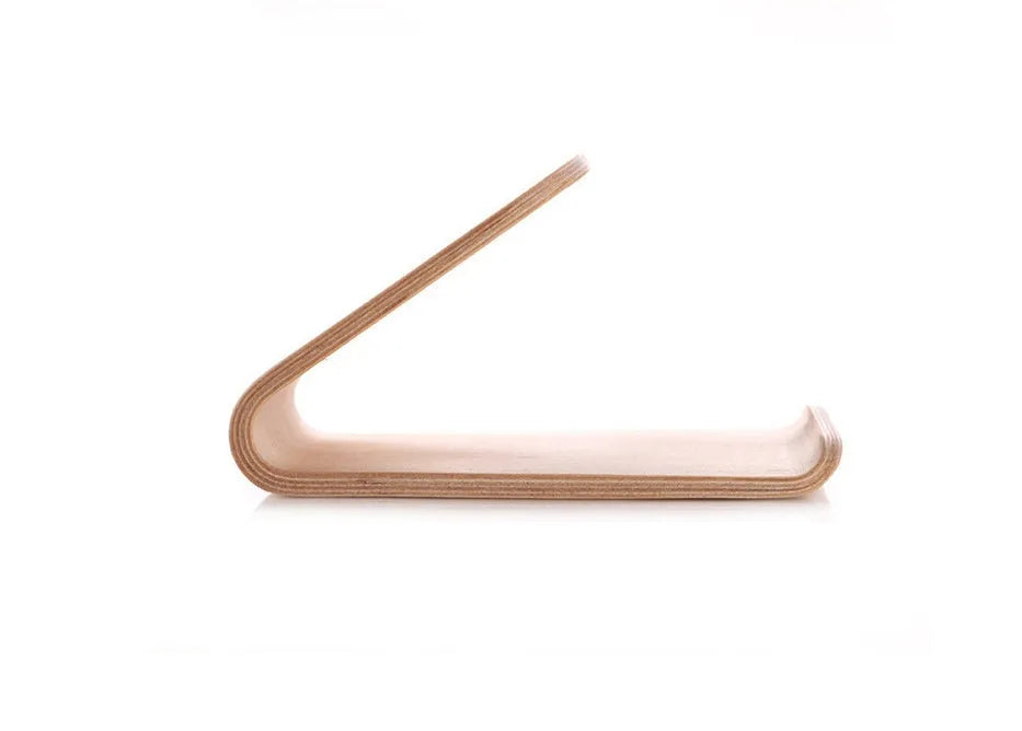 Wooden iPhone stand in walnut finish holding an Apple iPhone
