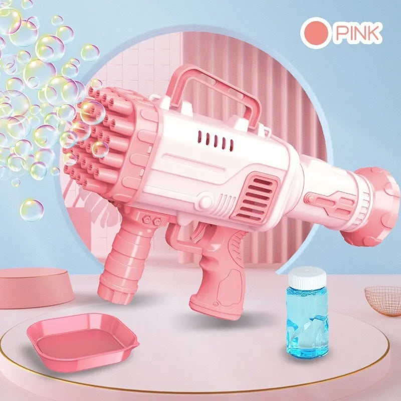 Sky blue electric Gatling bubble machine gun for children with 32 holes and light effects.