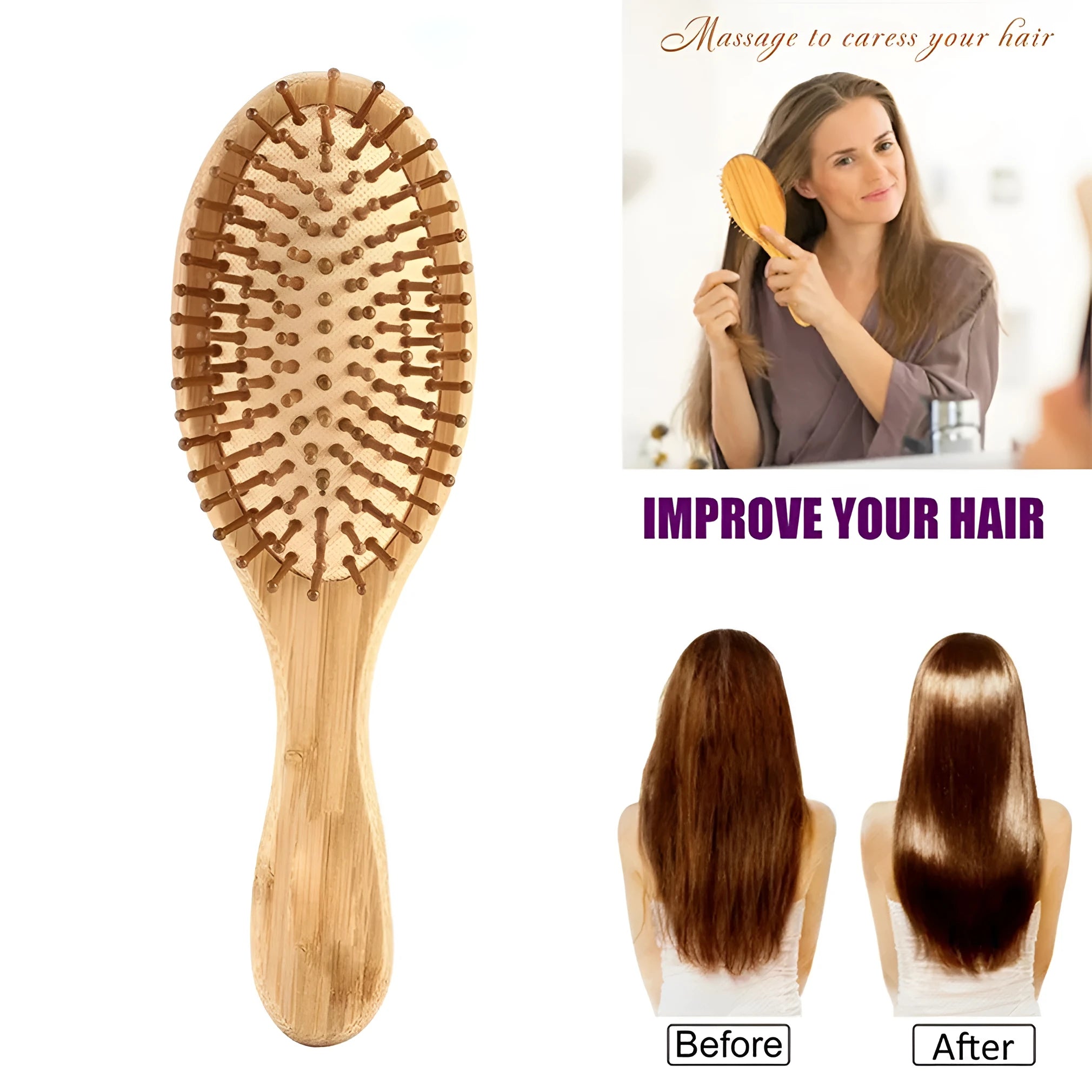 Carbonized bamboo massage comb 66x218mm on a neutral background, showing natural wood texture and teeth