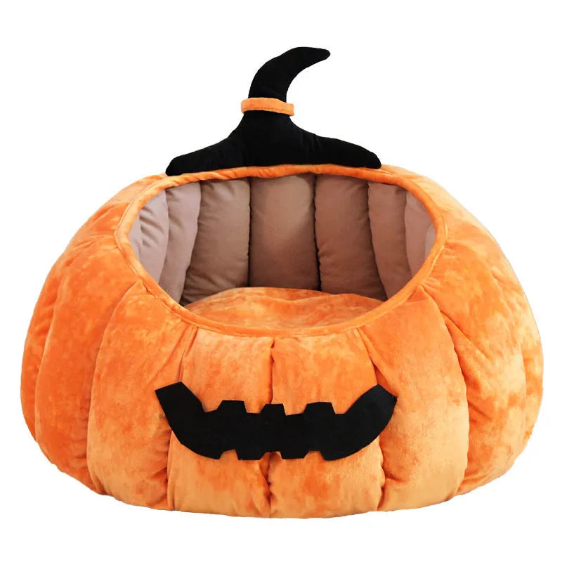 Orange and black pumpkin-shaped cloth cat bed for winter warmth and Halloween pet styling