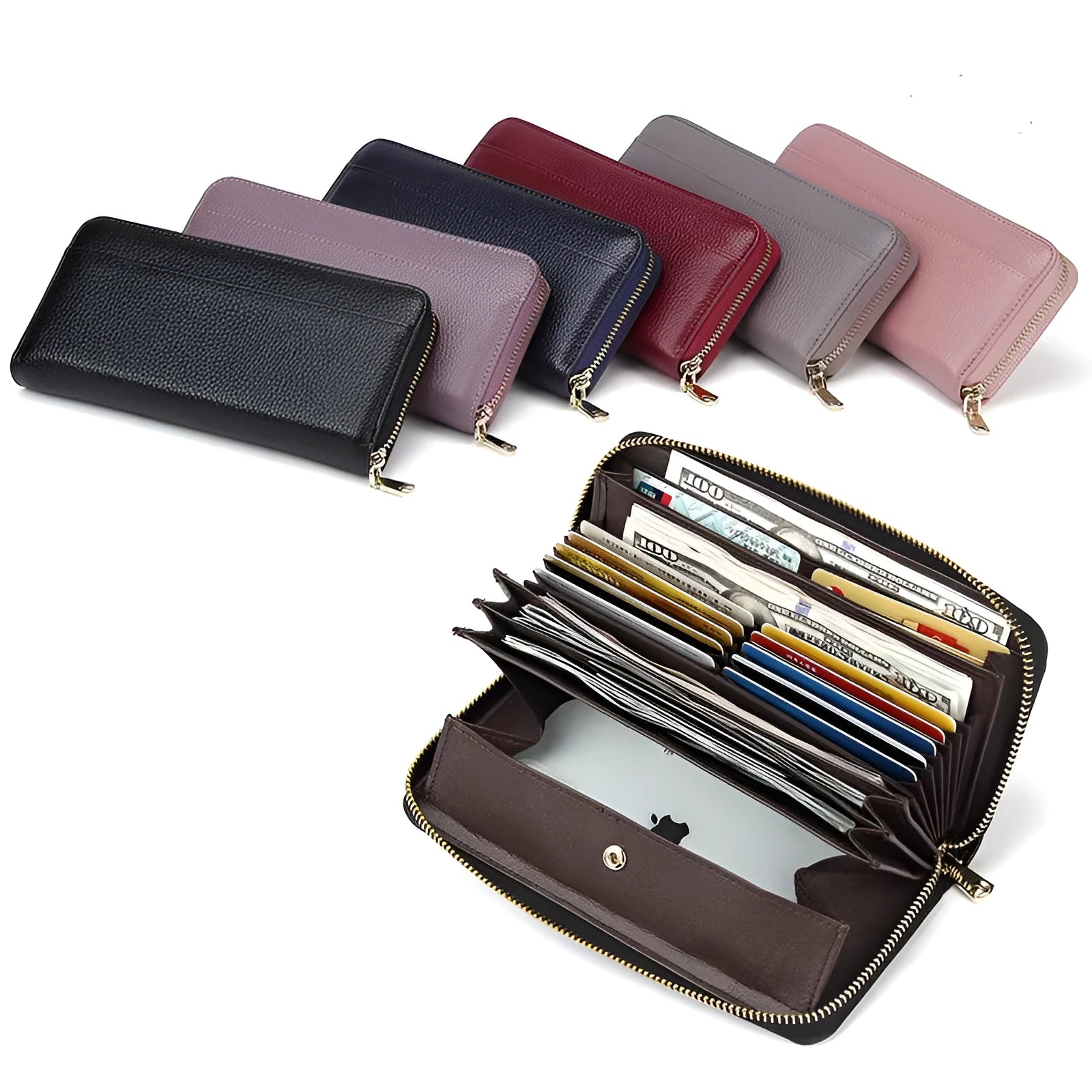 Women's genuine leather long wallet with RFID blocking in solid colours