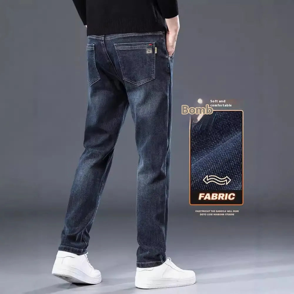 Blue grey slim straight casual trousers with elastic waist and zip fly on hanger