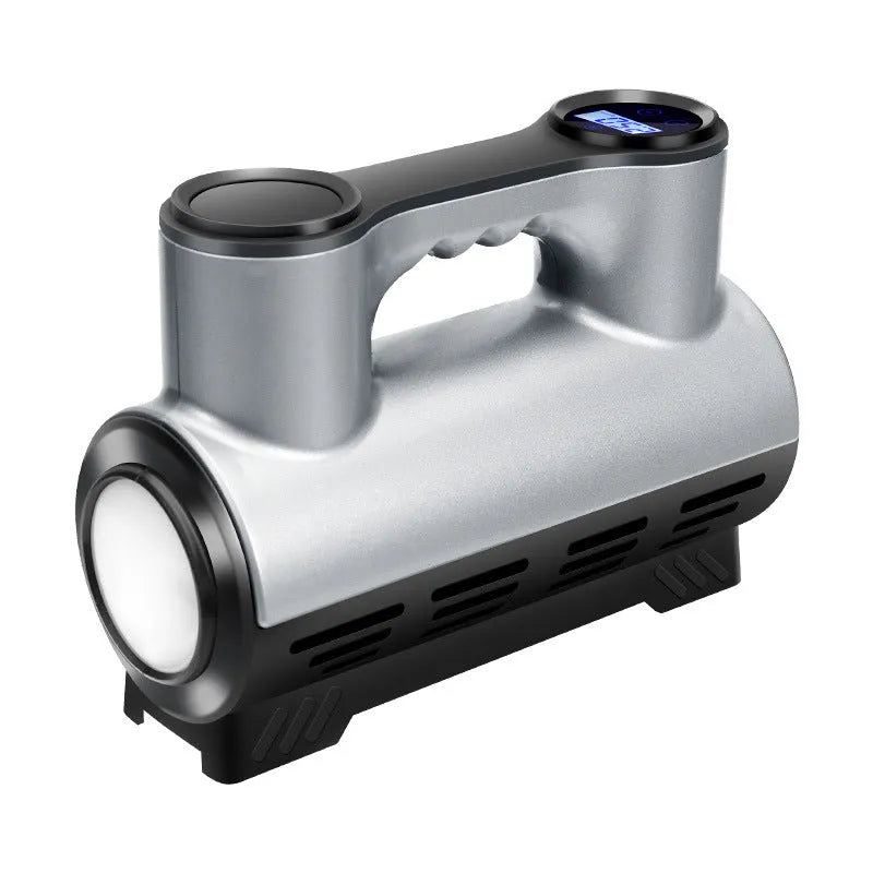 Compact black 12V portable car air pump with digital display and attached air hose.