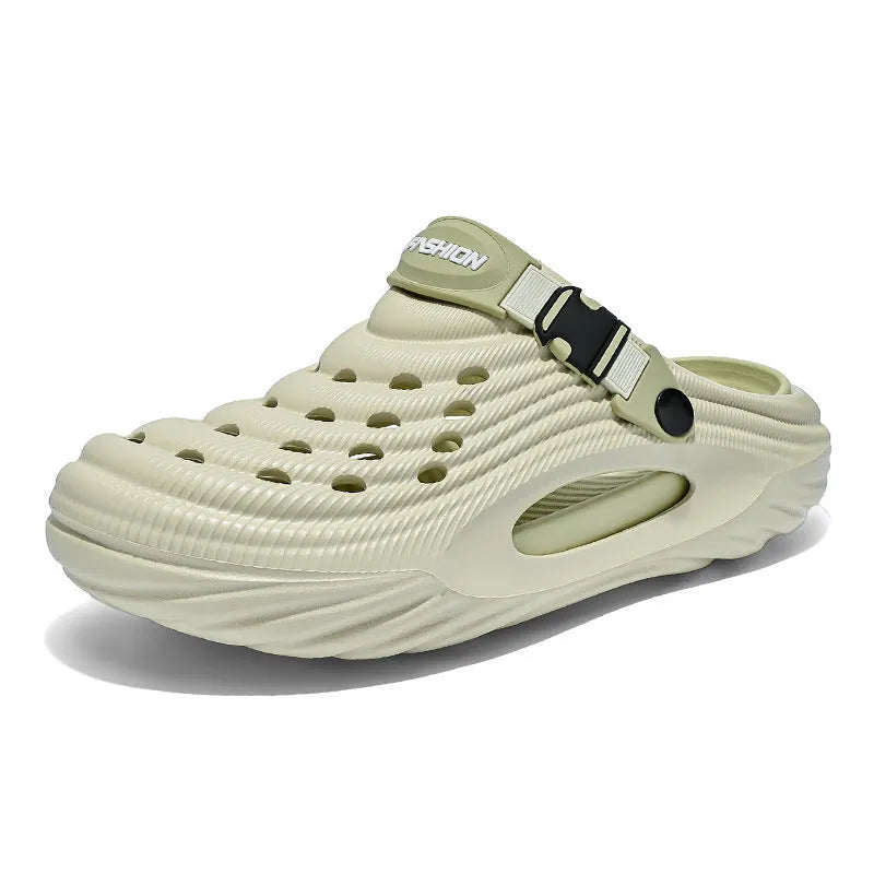 Men's solid colour EVA platform slippers with hollow-out design in light green.
