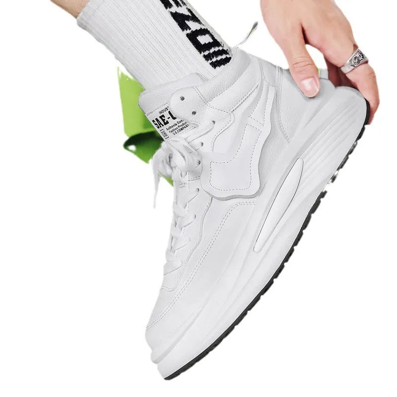 Men's black platform high-top shoes with round toe and artificial PU upper