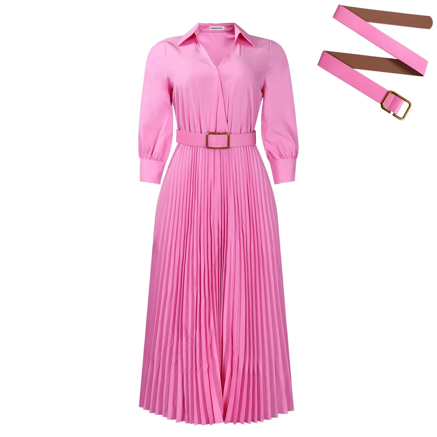 Women's polo collar pleated midi dress in an A-line swing silhouette with 3/4 sleeves.