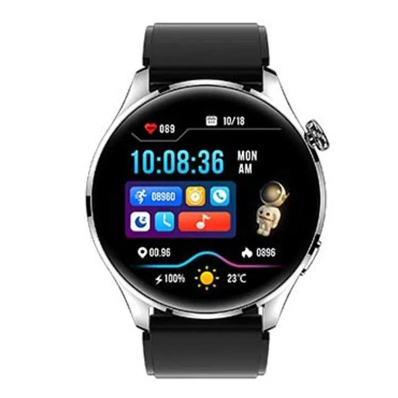 Smart watch with round colour touchscreen on a black silicone strap, showing access control and calling functions.