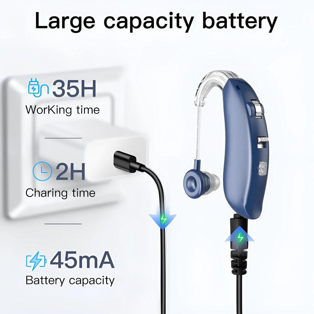 Digital Bluetooth hearing aid in skin colour with Type-C charging cable for elderly users