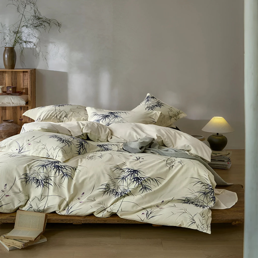 Cotton and linen yarn-dyed printed bed sheet set with plants and flowers pattern in beige, four-piece double bedding